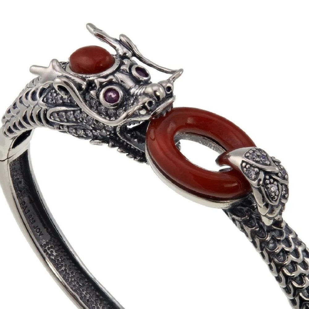 Jade of Yesteryear Red Jade, Ruby and CZ Sterling Silver Dragon Bracelet